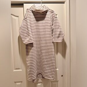 Mock turtleneck tunic dress, cotton, cream and dark beige stripes, lovely feel